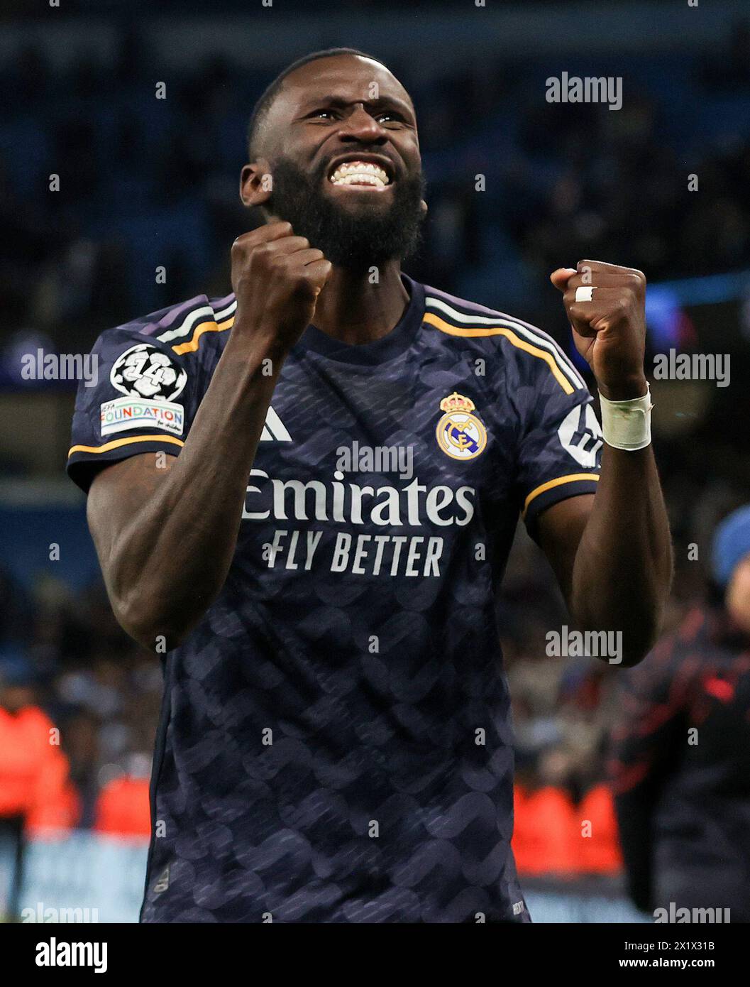 Etihad Stadium, Manchester, UK. 17th Apr, 2024. Champions League Football, Quarter Final, Manchester City versus Real Madrid; Antonio Rudiger of Real Madrid celebrates with the visiting supporters Credit: Action Plus Sports/Alamy Live News Stock Photo