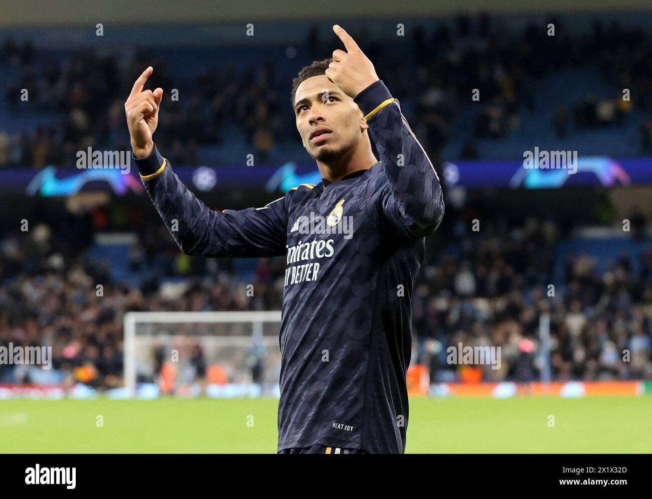 Etihad Stadium, Manchester, UK. 17th Apr, 2024. Champions League Football, Quarter Final, Manchester City versus Real Madrid; Jude Bellingham of Real Madrid celebrates with the visiting supporters Credit: Action Plus Sports/Alamy Live News Stock Photo