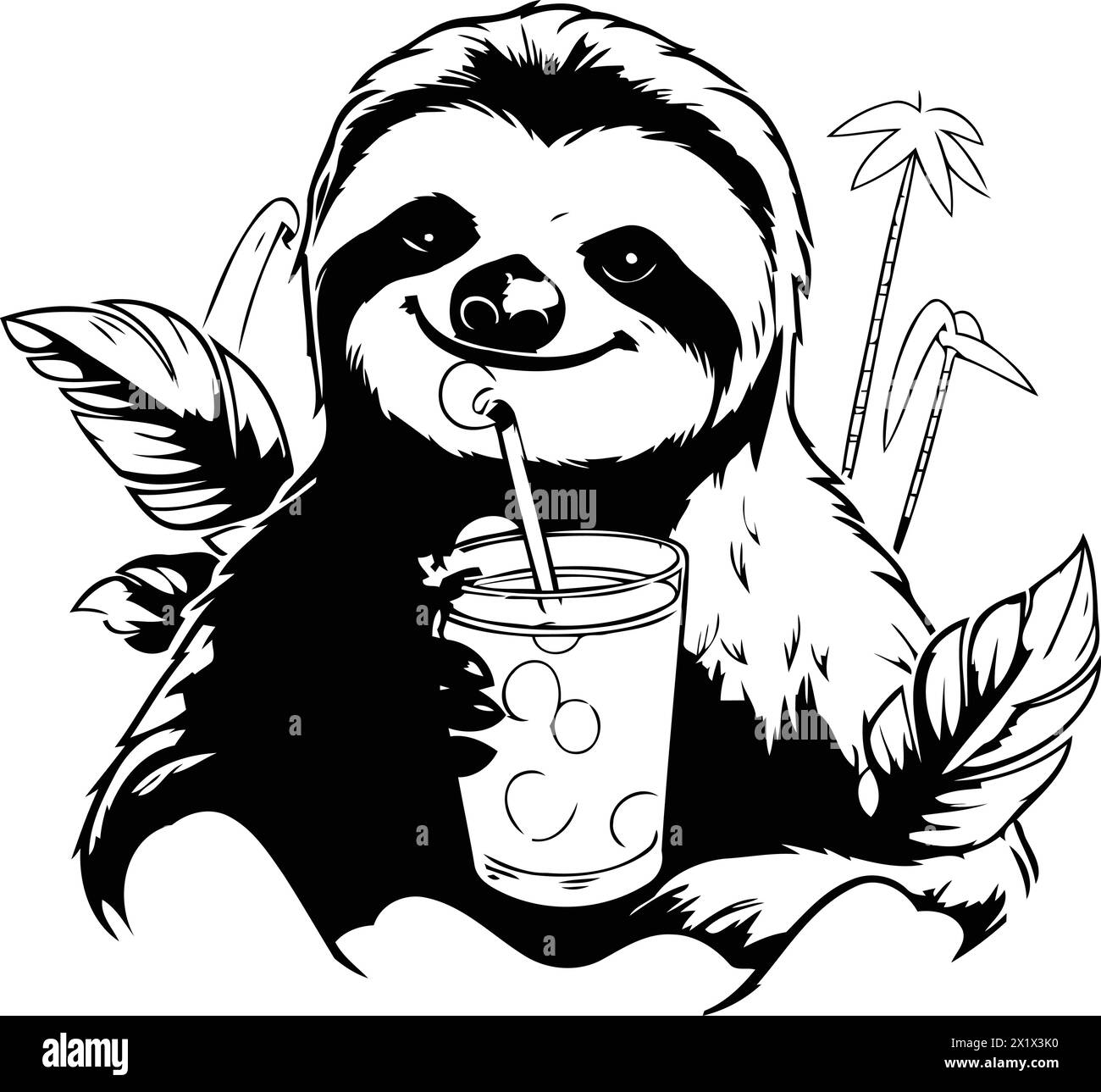 Cute cartoon sloth holding a glass of juice. Vector illustration Stock