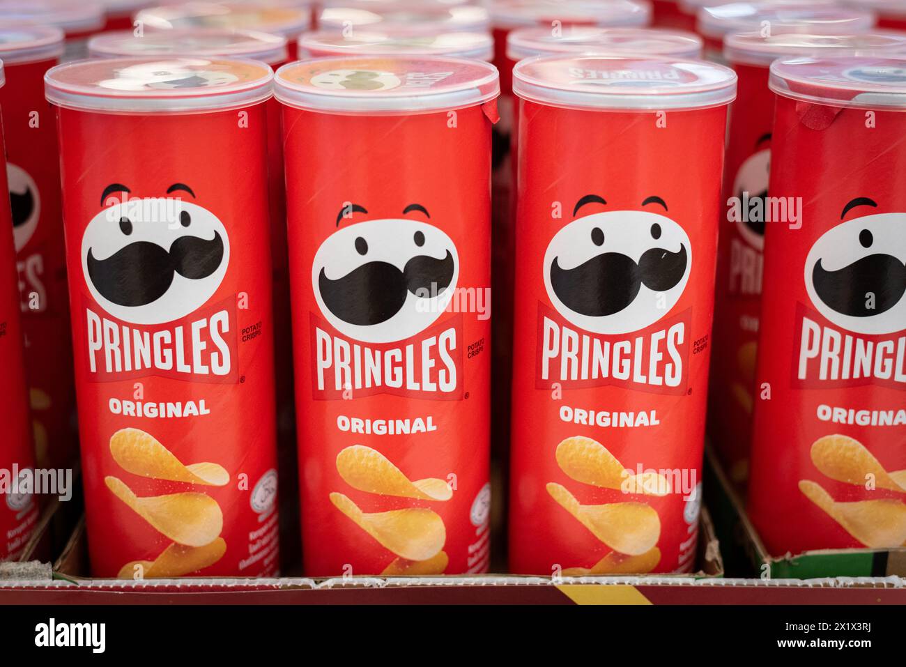 Tubes with Pringles, potato crisps on March 5, 2024, in Bangkok, Thailand. Stock Photo
