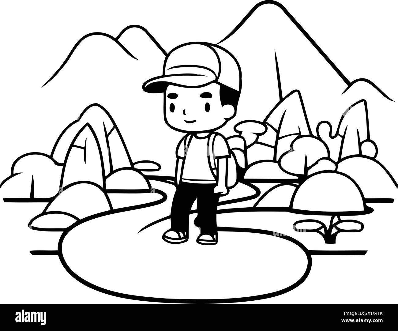 Hiking boy cartoon in the park round icon vector illustration graphic design Stock Vector