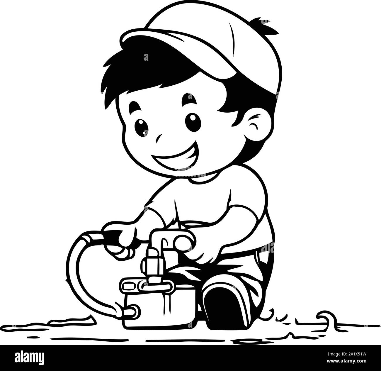 Boy playing with a water pump. Vector illustration on blue background. Stock Vector