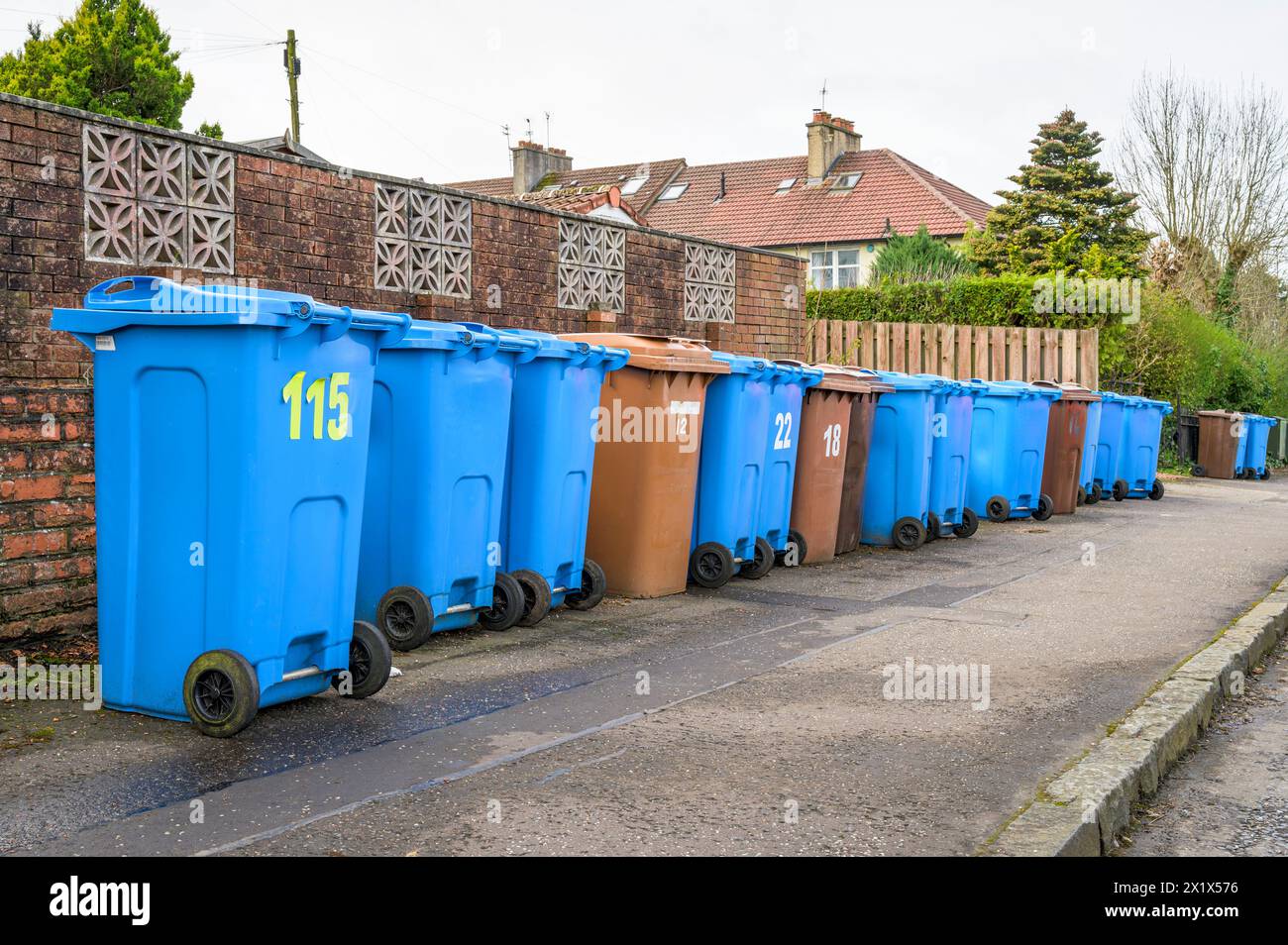 Residential rubbish bins on a pavement waiting to be emptied, Glasgow