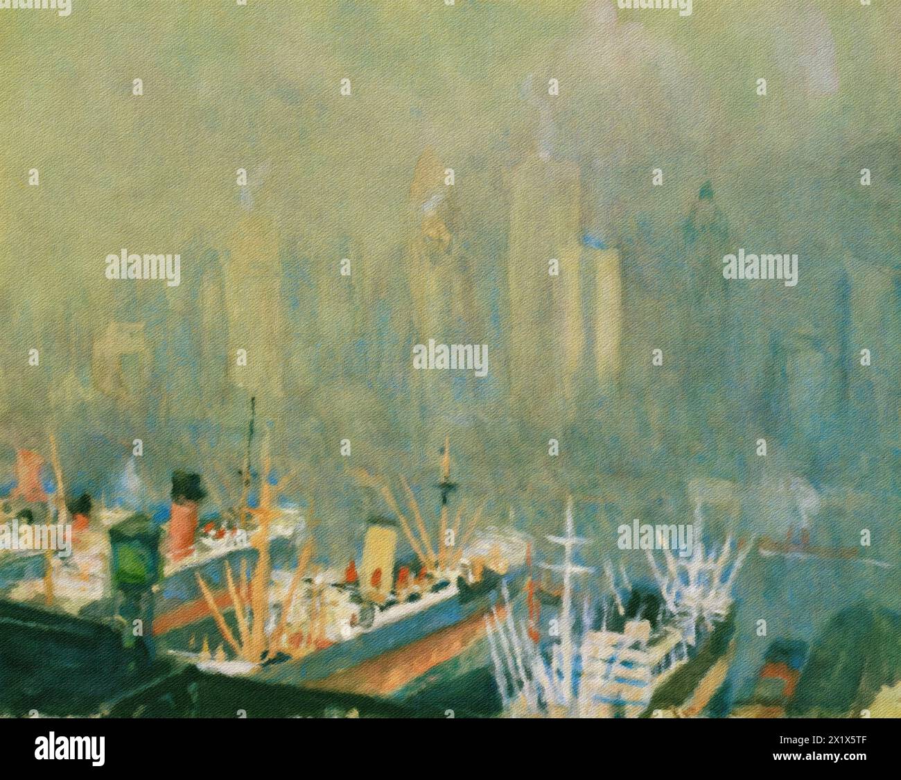 View of large ships docked at New York Harbor, fog partially obscuring Manhattan buildings in the background 1921. Stock Photo