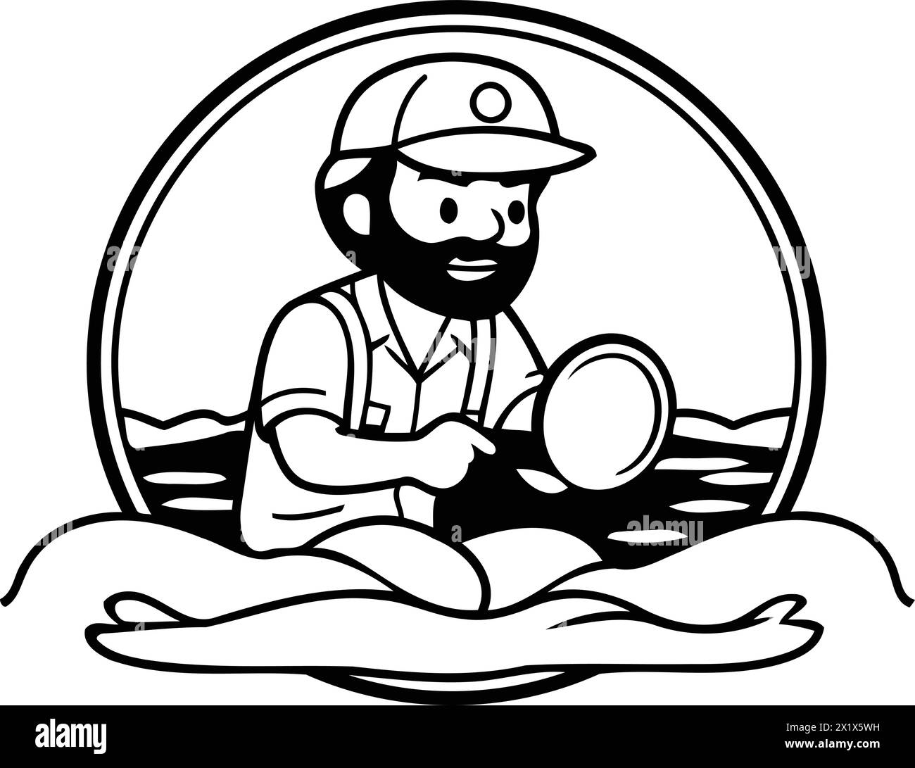 Vector illustration of a fisherman with a magnifying glass on the beach