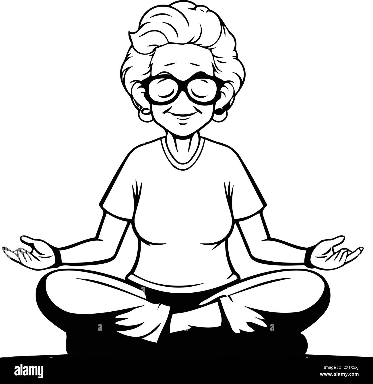 Elderly woman sitting in lotus position. Vector illustration. Stock Vector