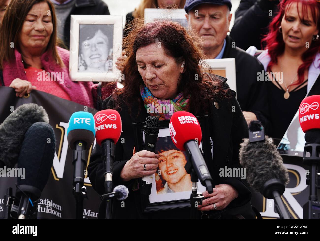 Siobhan Kearney, whose brother Liam died 25 days after the fire, speaks to the media as survivors, family members and supporters gather in the Garden of Remembrance in Dublin after a verdict of unlawful killing has been returned by the jury in the Stardust fire inquests for all 48 people who died in the Dublin nightclub disaster in the early hours of Valentine's Day in 1981, the worst fire disaster in the history of the Irish state. The inquests, which are the longest held in Ireland, began in April last year and have heard evidence from 373 people. Picture date: Thursday April 18, 2024. Stock Photo