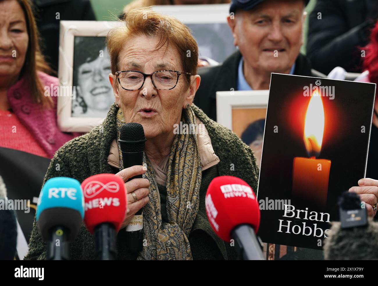 Pat Dunne, who lost her brother Brian Hobbs in the fire, speaks to the media as survivors, family members and supporters gather in the Garden of Remembrance in Dublin after a verdict of unlawful killing has been returned by the jury in the Stardust fire inquests for all 48 people who died in the Dublin nightclub disaster in the early hours of Valentine's Day in 1981, the worst fire disaster in the history of the Irish state. The inquests, which are the longest held in Ireland, began in April last year and have heard evidence from 373 people. Picture date: Thursday April 18, 2024. Stock Photo