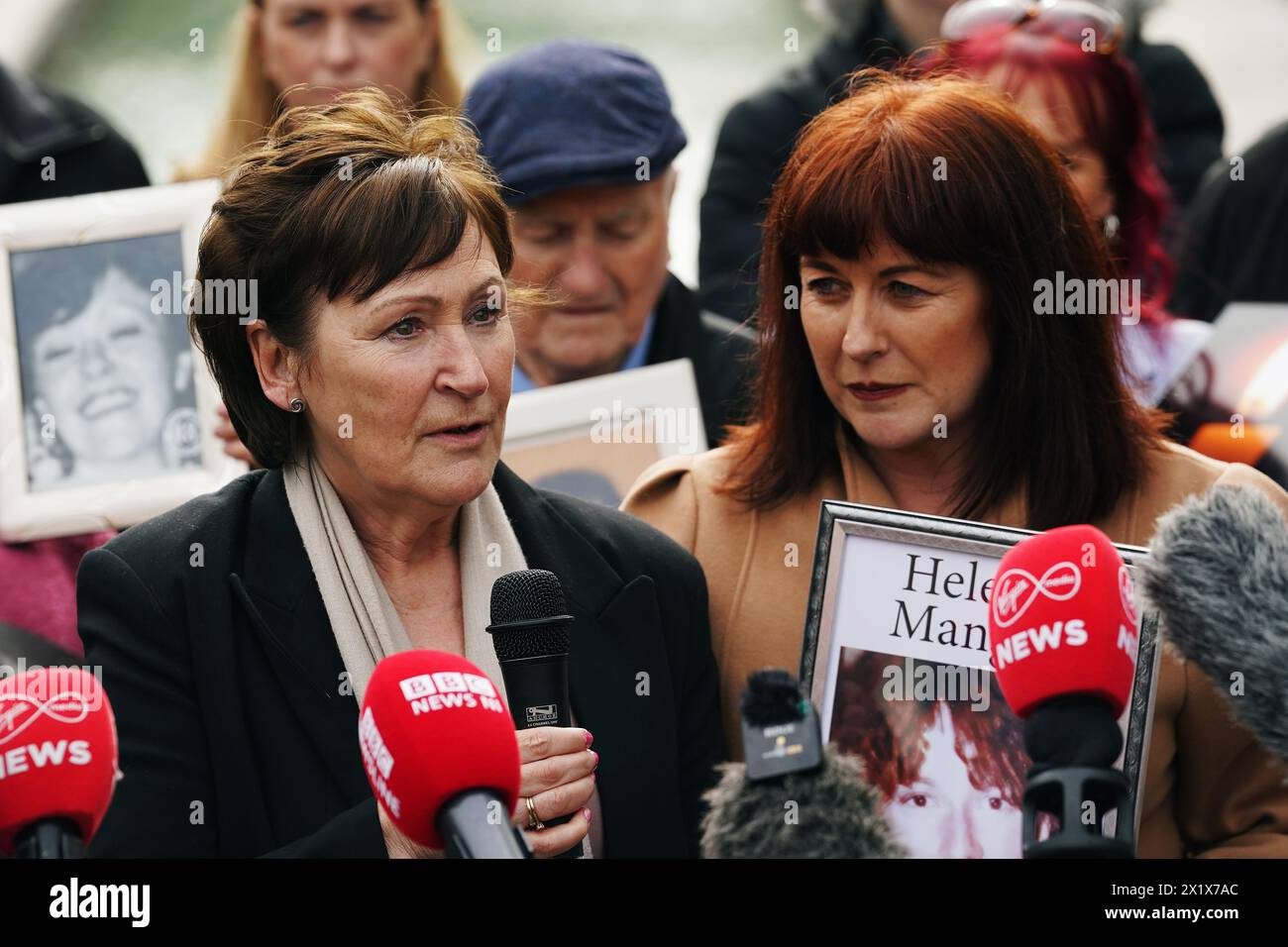 Susan Behan (left), whose 21-year-old brother John Colgan died, speaks to the media as survivors, family members and supporters gather in the Garden of Remembrance in Dublin after a verdict of unlawful killing has been returned by the jury in the Stardust fire inquests for all 48 people who died in the Dublin nightclub disaster in the early hours of Valentine's Day in 1981, the worst fire disaster in the history of the Irish state. The inquests, which are the longest held in Ireland, began in April last year and have heard evidence from 373 people. Picture date: Thursday April 18, 2024. Stock Photo