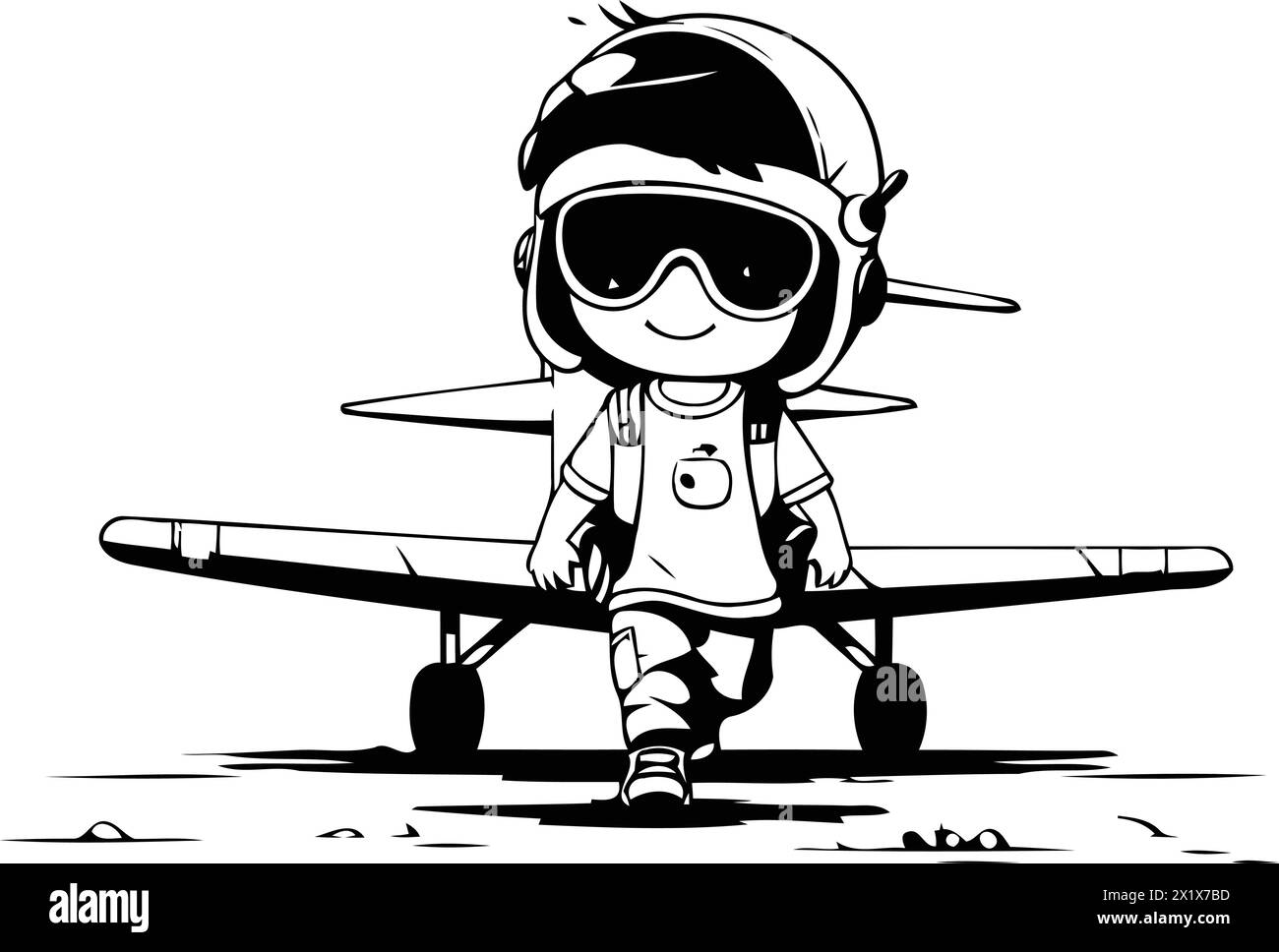 Little boy pilot with airplane on the background of the sky. Vector ...