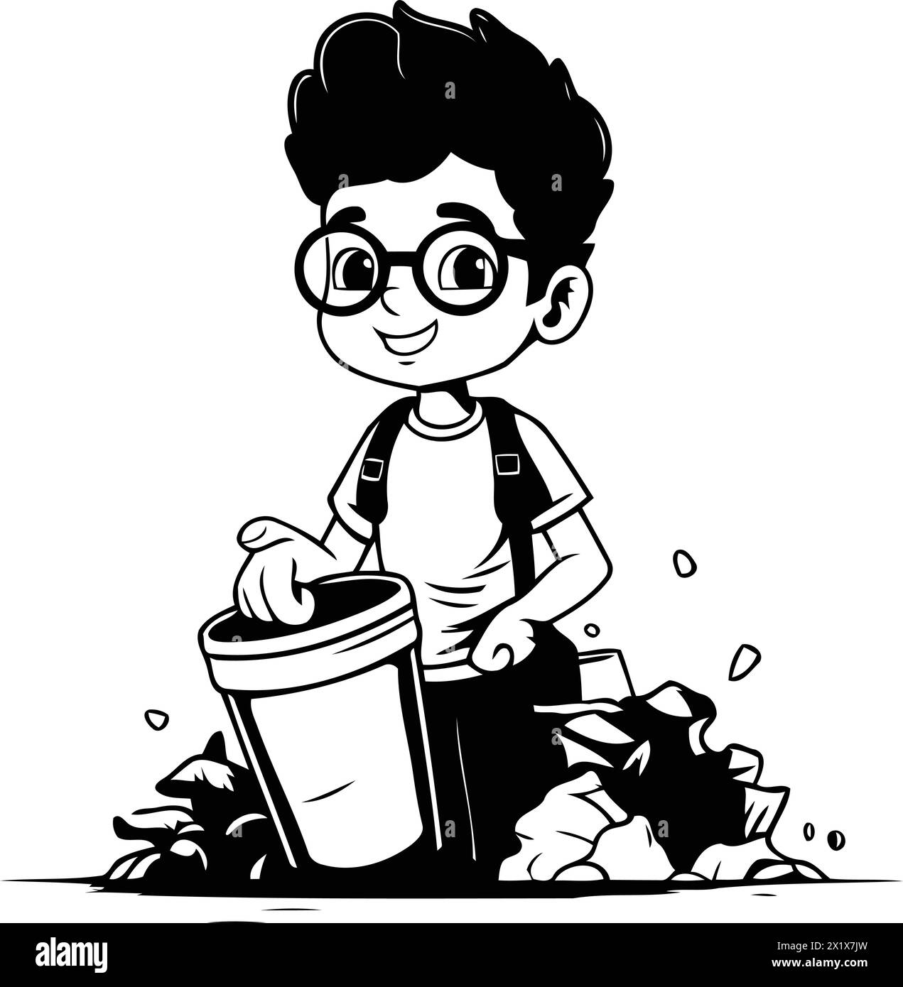 Cute boy throwing garbage in trash can. Vector cartoon illustration