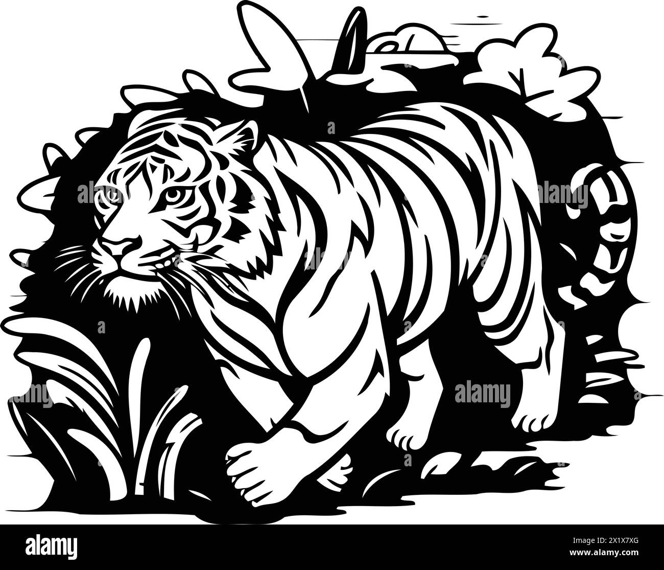 Illustration Of A Tiger Walking In The Jungle. Vector Illustration 