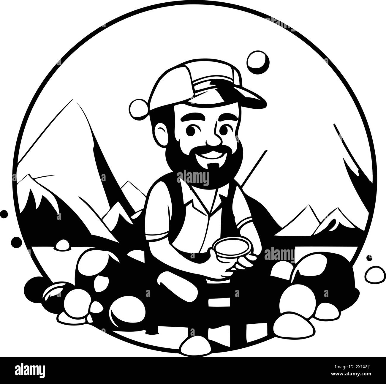 Hiking man with a pot of coffee in the mountains. Vector illustration Stock Vector Image & Art