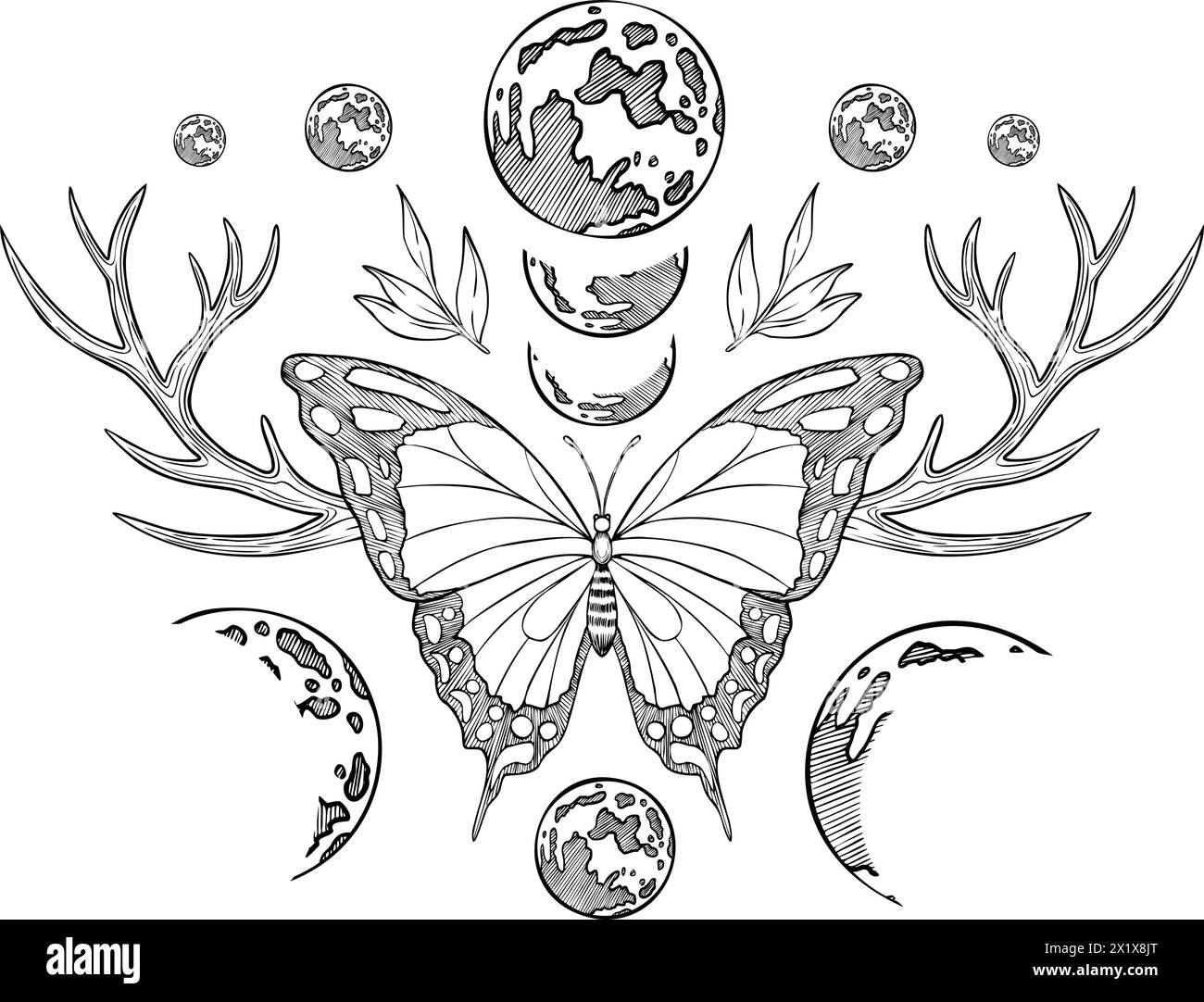 Butterfly with moons and deer horns. Vector lustration of an insect with wings and antlers in a magical celestial composition. Magical drawing in linear style for tattoo. Vintage esoteric print. Stock Vector