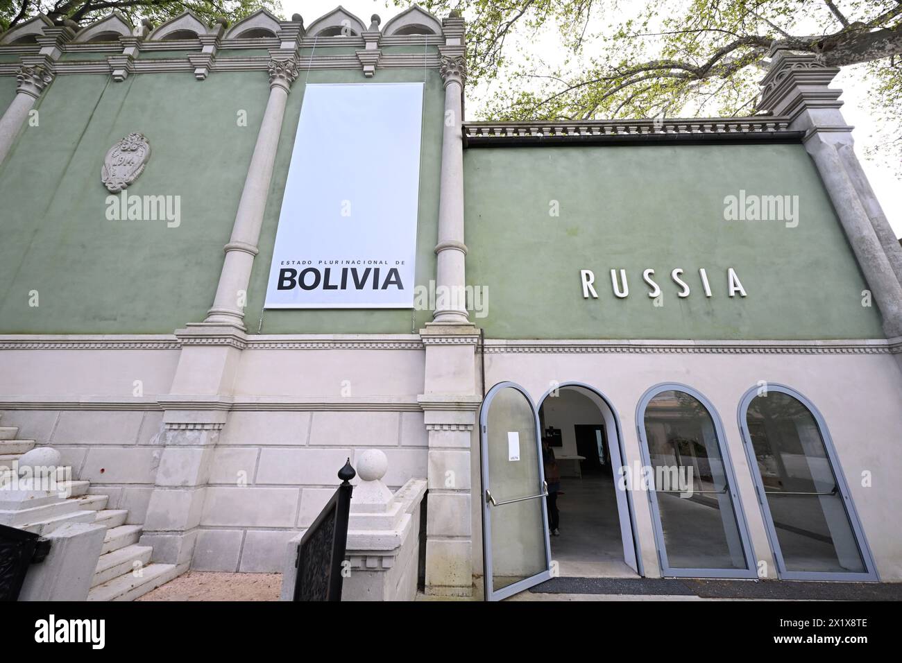 Venedig, Italy. 18th Apr, 2024. A banner with the inscription 'Bolivia' hangs at the Russian Pavilion. The Biennale Arte will open on 20.04.2024 and run until 24.11.2024. Credit: Felix Hörhager/dpa/Alamy Live News Stock Photo