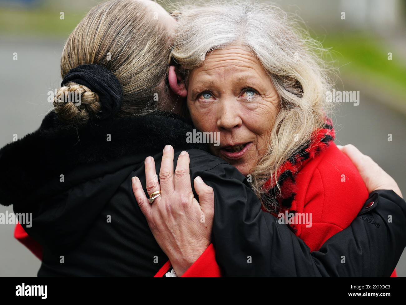 Stardust survivor Antoinette Keegan (right) and her sister Lorraine, who lost their sisters Mary and Martina, embrace outside Dublin Coroner's Court after a verdict of unlawful killing has been returned by the jury in the Stardust fire inquests for all 48 people who died in the Dublin nightclub disaster in the early hours of Valentine's Day in 1981, the worst fire disaster in the history of the Irish state. The inquests, which are the longest held in Ireland, began in April last year and have heard evidence from 373 people. Picture date: Thursday April 18, 2024. Stock Photo