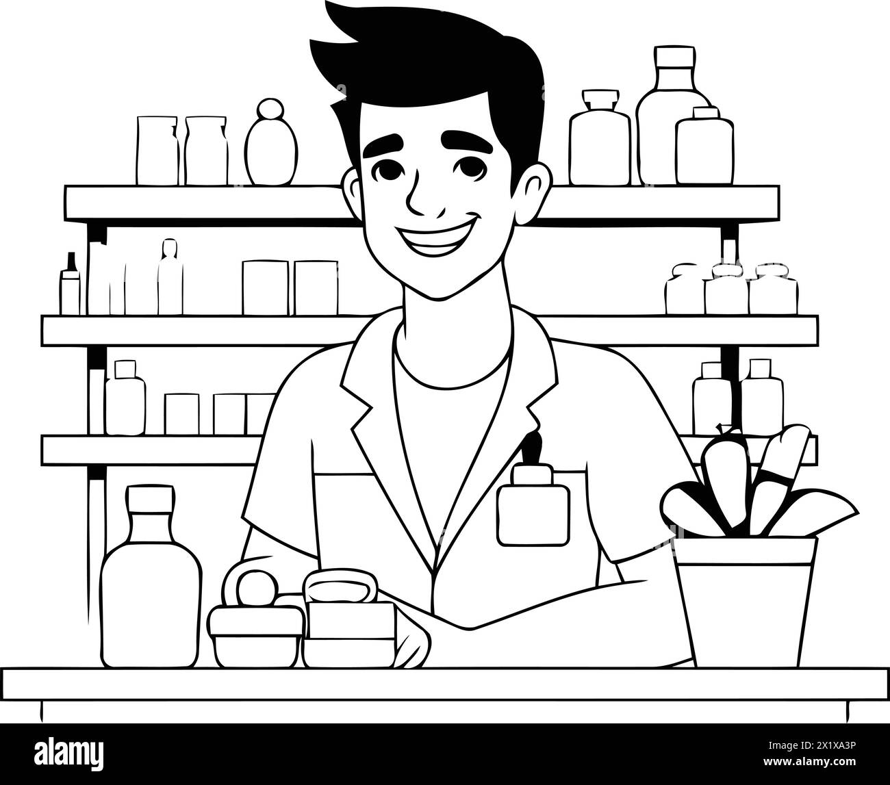 Pharmacist in the drugstore. Vector flat cartoon illustration Stock