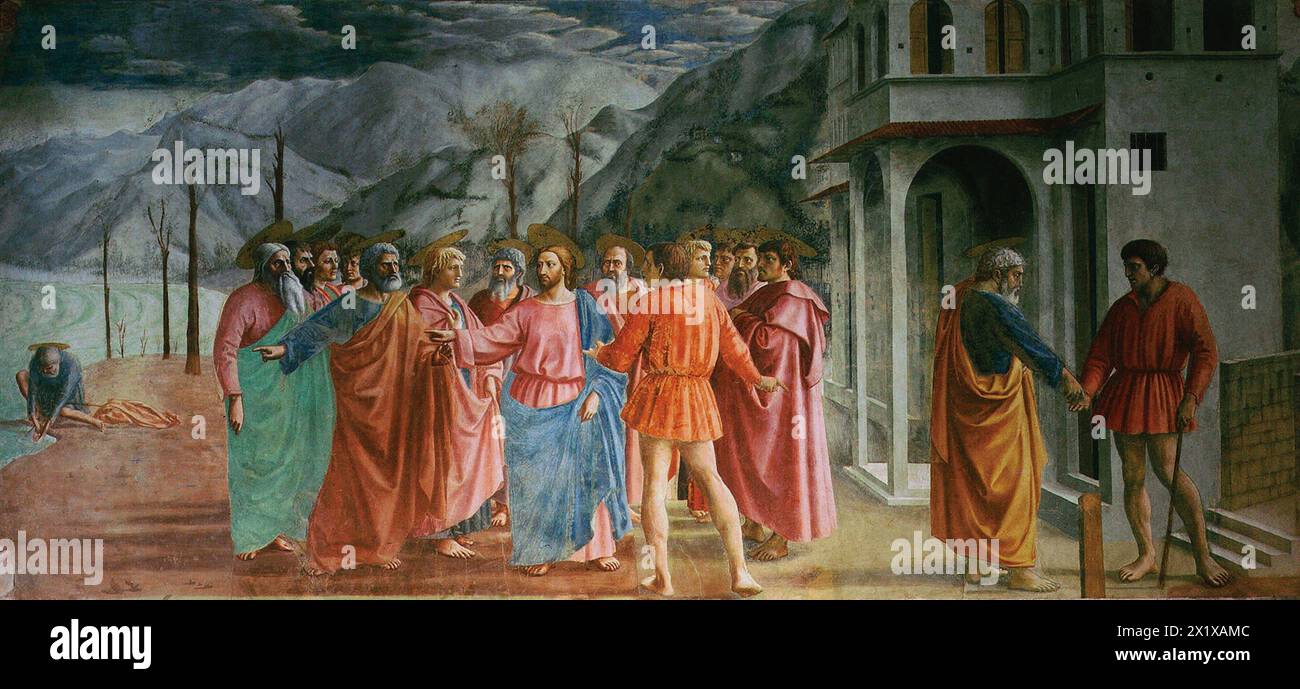 Masaccio - ( 1401 – summer 1428) born Tommaso di Ser Giovanni di Simone, Florentine artist who is regarded as the first great Italian painter of the Quattrocento period of the Italian Renaissance.  - The Tribute Money, fresco - Stock Photo