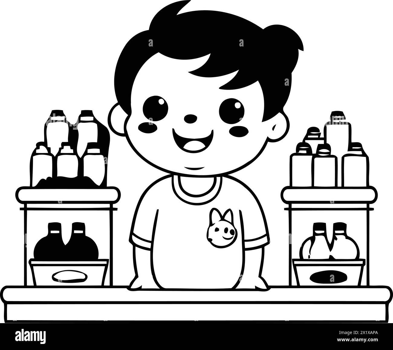 Cute little boy in the pet shop. Vector cartoon illustration. Stock Vector