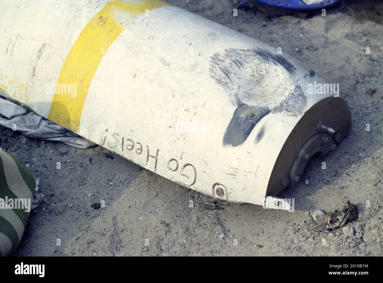 1st April 1991 The battered half of an American CBU-100 cluster bomb canister on the Highway of Death, west of Kuwait City on the main highway to Basra. Stock Photo