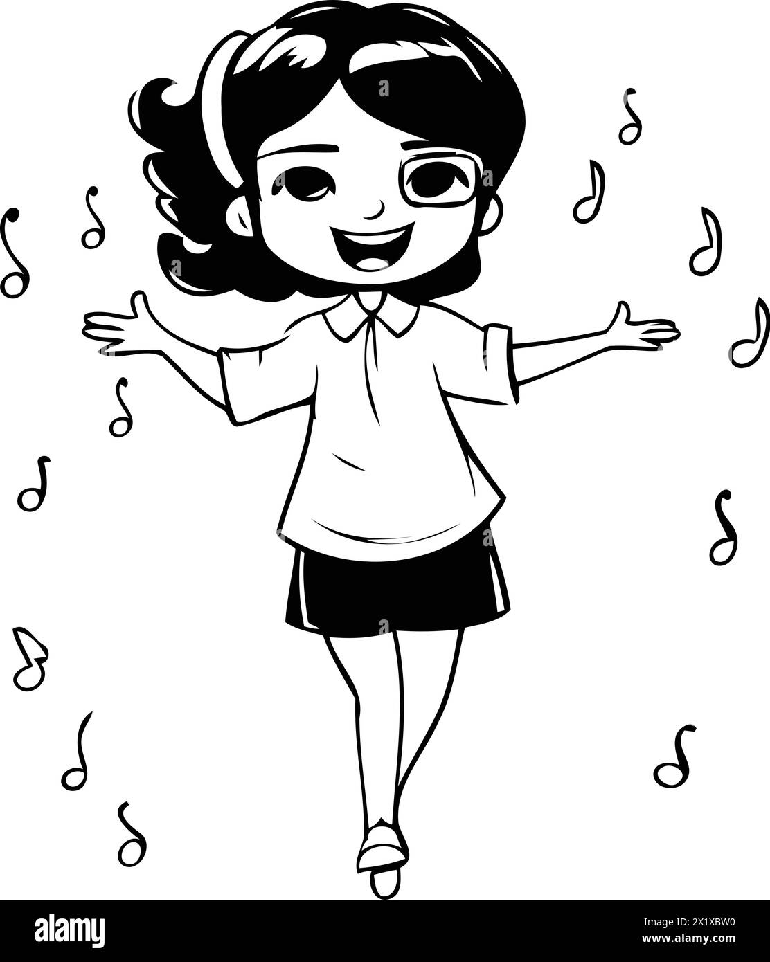 Cute little girl dancing and listening to music. Vector illustration