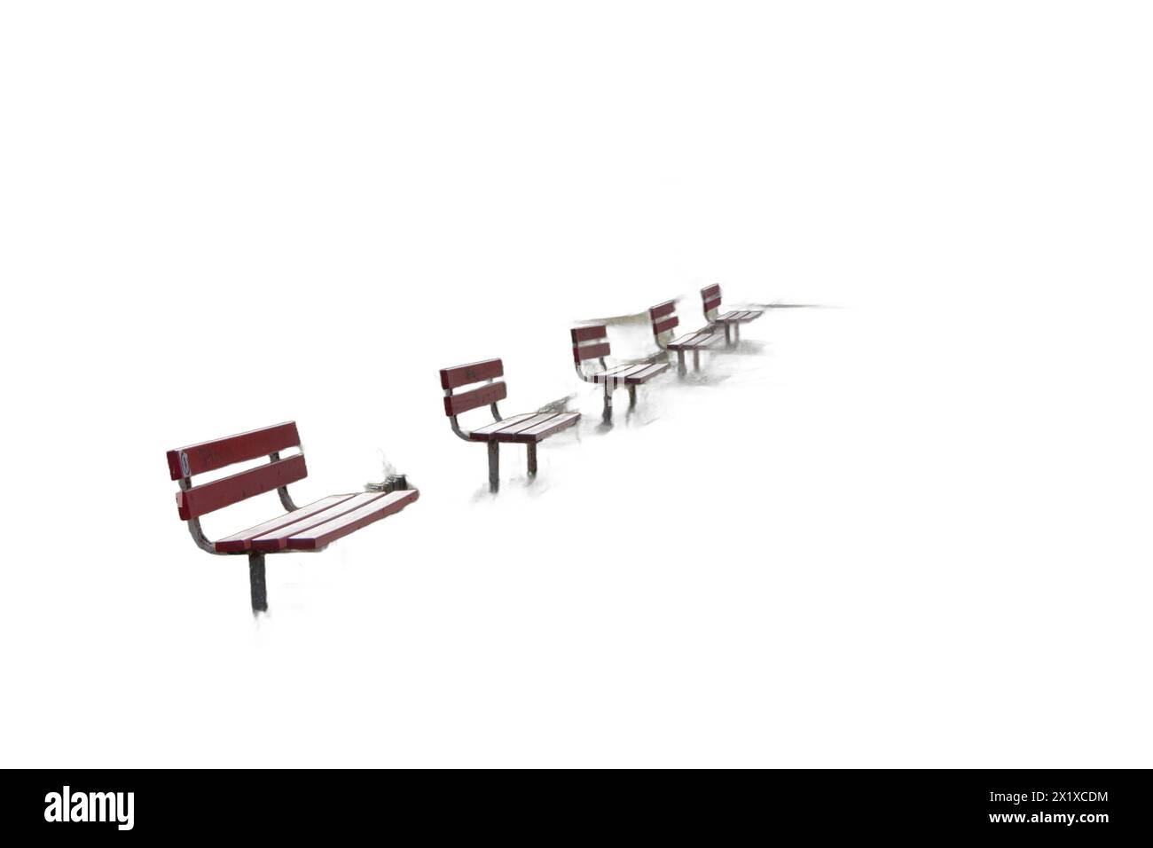Isolated image featuring a row of benches, perfect for park scenes, urban landscapes, and outdoor designs Stock Photo