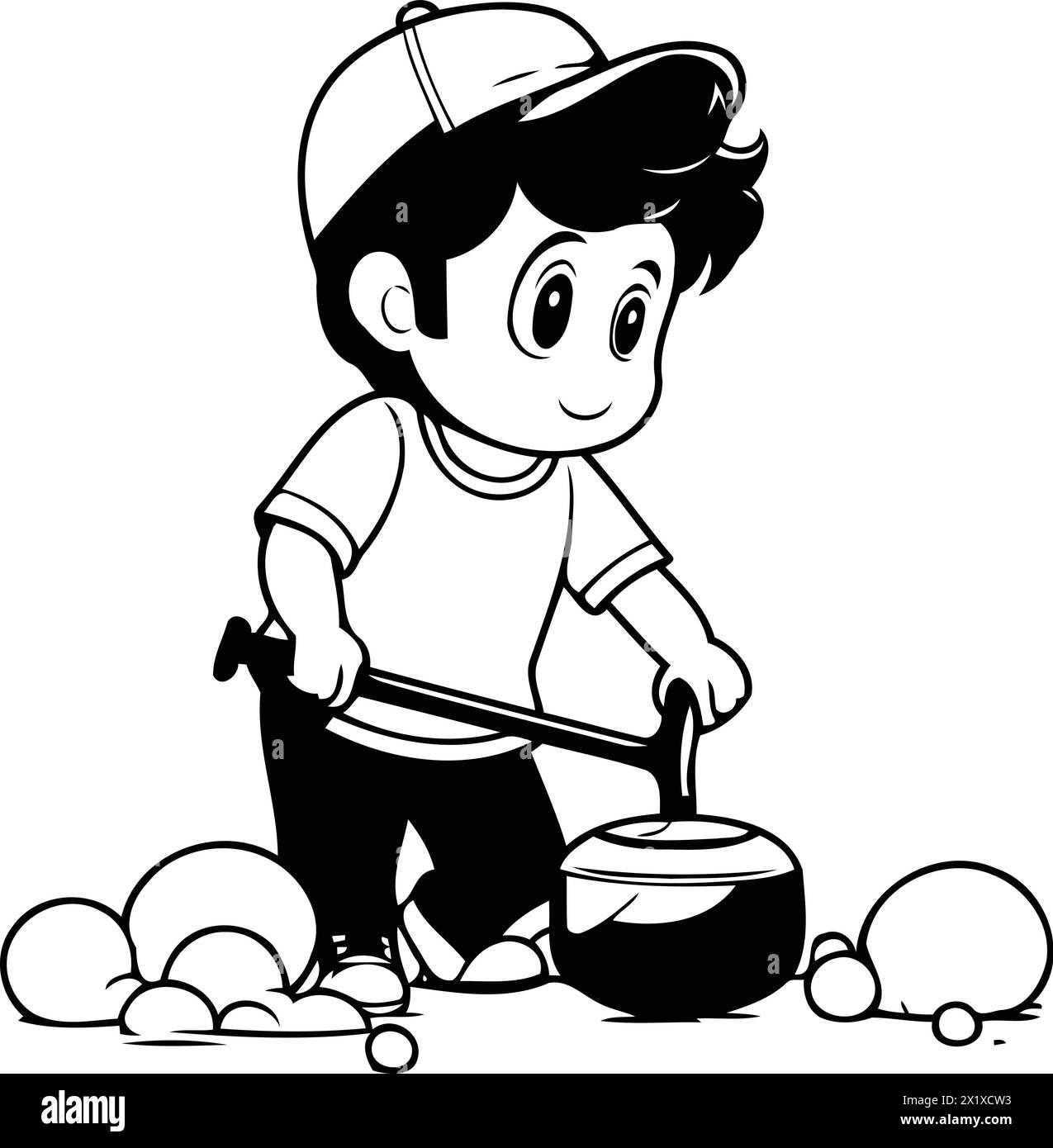 Cartoon boy playing ice hockey with a kettle. Vector illustration Stock