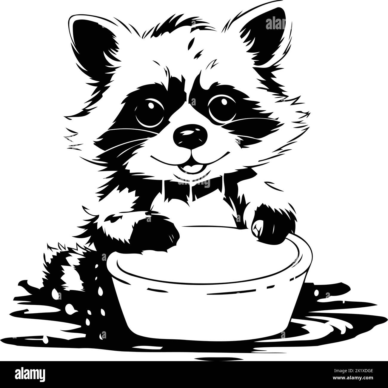 Raccoon drinking from a bowl of water. Vector illustration Stock Vector
