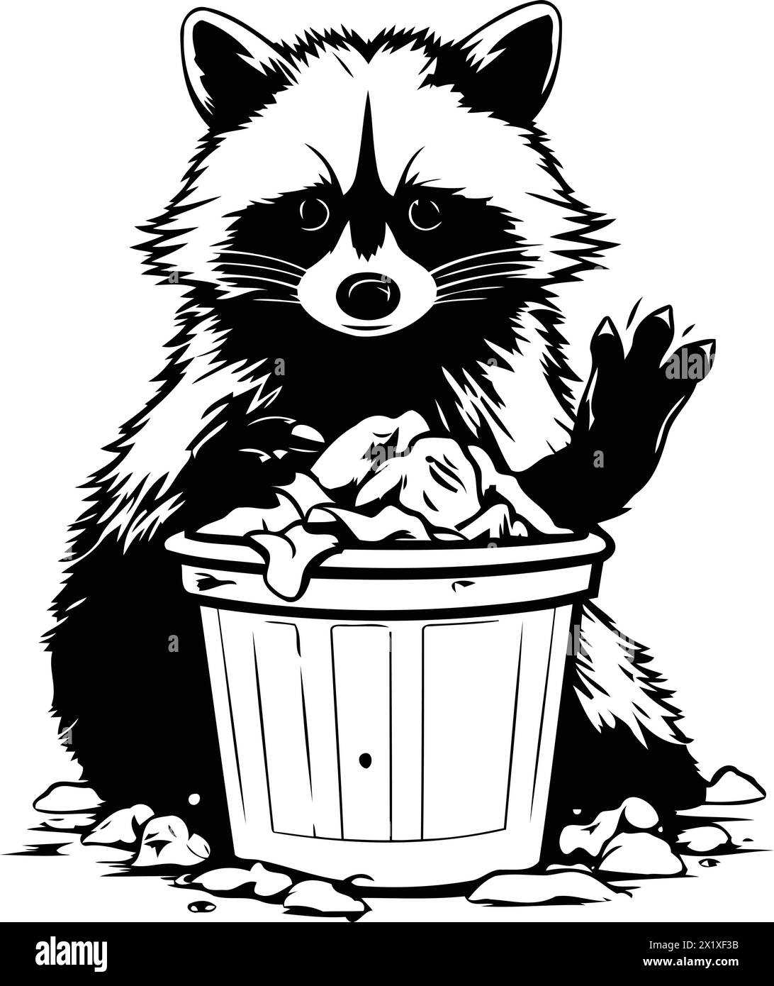 Raccoon in the trash can. Vector illustration on white background. Stock Vector