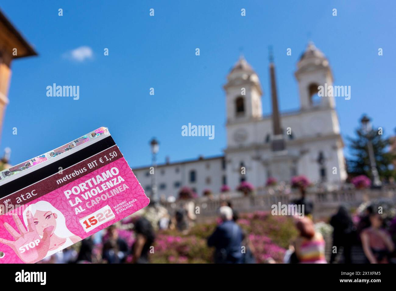 Rome, Italy. 18th Apr, 2024. An ATAC metro and bus ticket photographed in front of the Spanish Steps in Rome. The cost of tickets in Rome's public transport network is set to increase this summer from the current €1.50 to €2; the price hike is set to take effect from 1 July. The rise in ticket prices relates to the capital's Metrebus fare system, a consortium of which Cotral partners with Trenitalia and Rome's municipal transport provider ATAC. (Photo by Stefano Costantino/SOPA Images/Sipa USA) Credit: Sipa USA/Alamy Live News Stock Photo