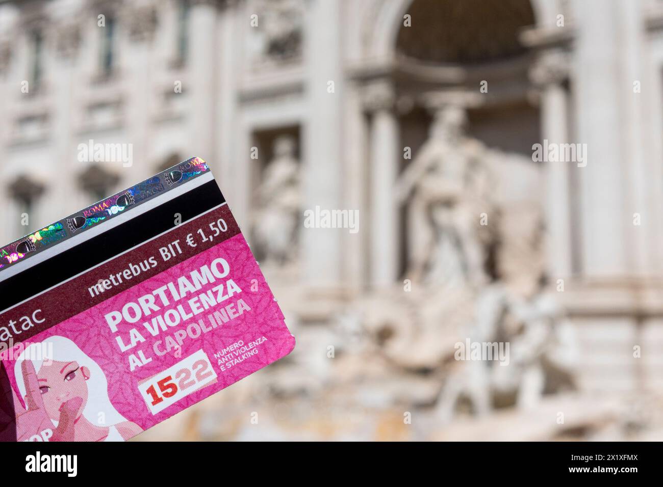 Rome, Italy. 18th Apr, 2024. An ATAC metro and bus ticket photographed in front of the Trevi Fountain in Rome. The cost of tickets in Rome's public transport network is set to increase this summer from the current €1.50 to €2; the price hike is set to take effect from 1 July. The rise in ticket prices relates to the capital's Metrebus fare system, a consortium of which Cotral partners with Trenitalia and Rome's municipal transport provider ATAC. (Photo by Stefano Costantino/SOPA Images/Sipa USA) Credit: Sipa USA/Alamy Live News Stock Photo