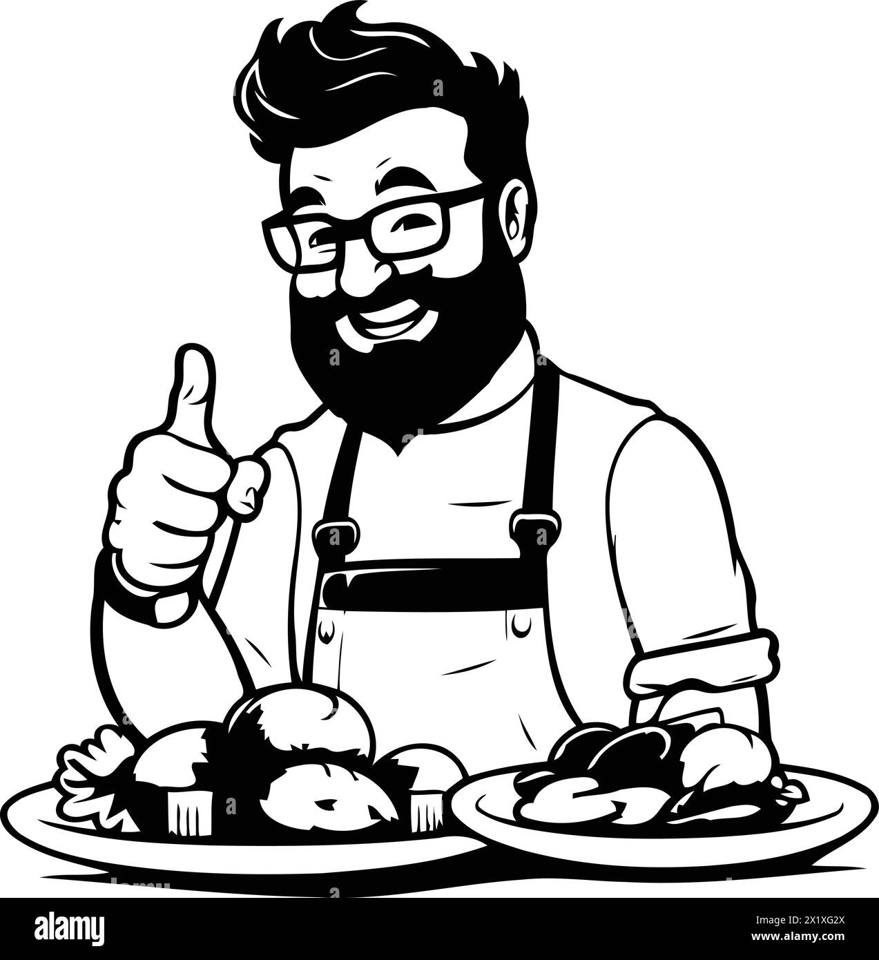 Handsome hipster man in apron and eyeglasses holding plate of baked ...