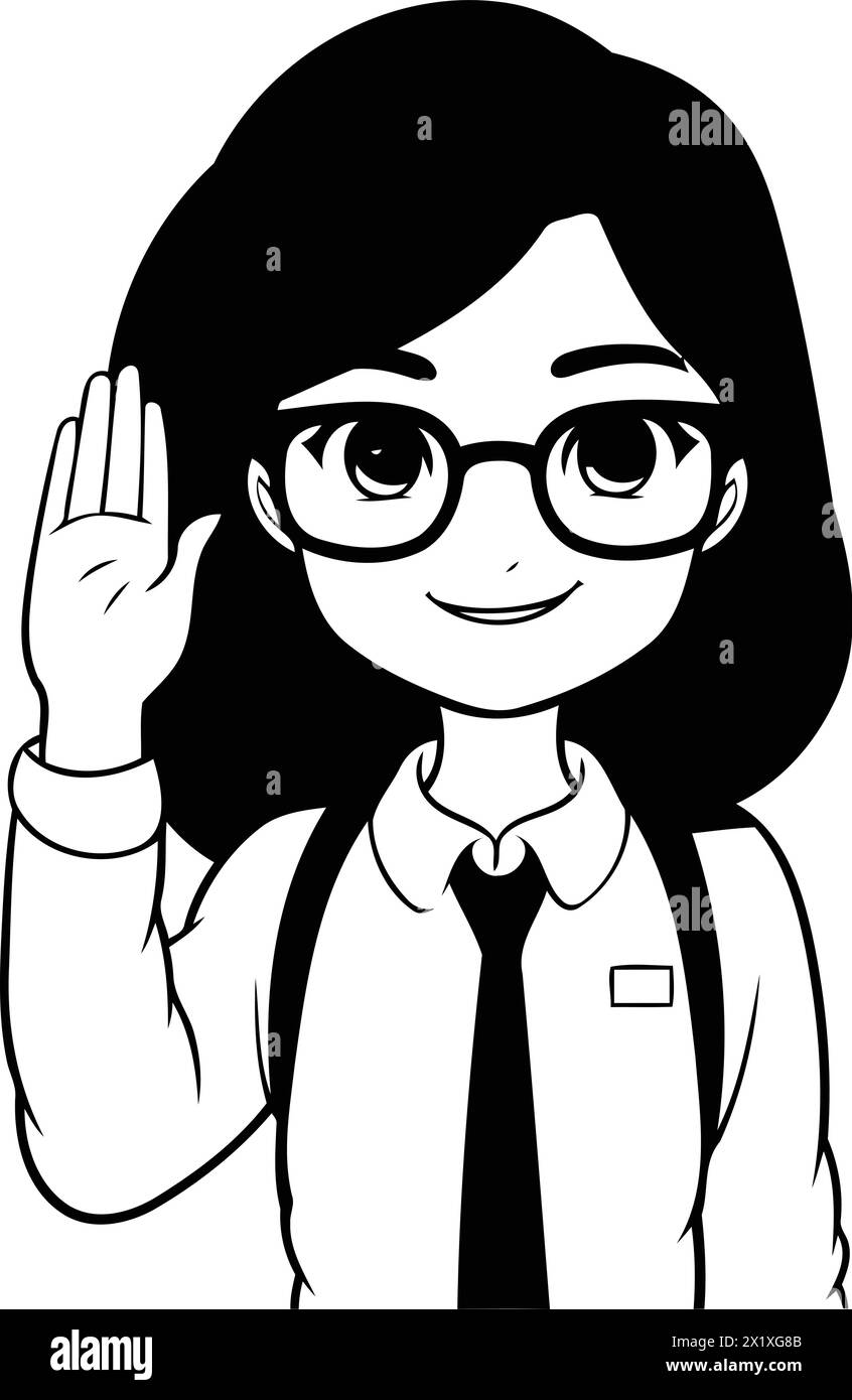 Cute asian schoolgirl with glasses saying hello. Vector illustration. Stock Vector