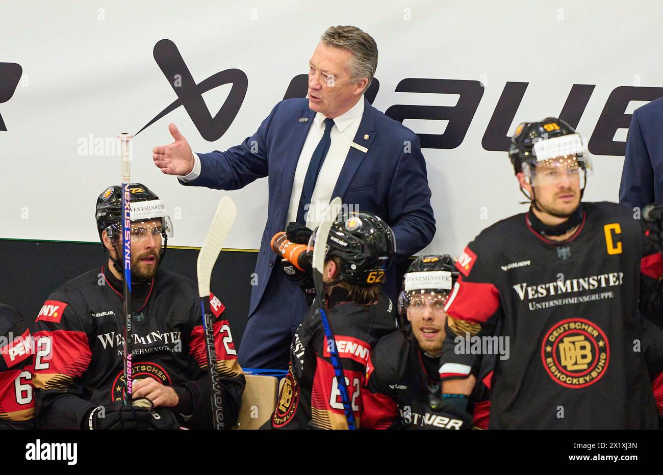 Harold Kreis DEB National coach of Germany, headcoach, team manager, Bundestrainer,  Matthias Plachta Nr.22 of Germany Moritz Mueller, Mueller Nr.91 of Germany in the match GERMANY - SLOVAKIA  Friendly match DEB ICE HOCKEY, World Championship 2024 preparation in Kaufbeuren Germany, Apr 18, 2024,  Season 2023/2024, Slowakei,  Photographer: ddp images / star-images Stock Photo