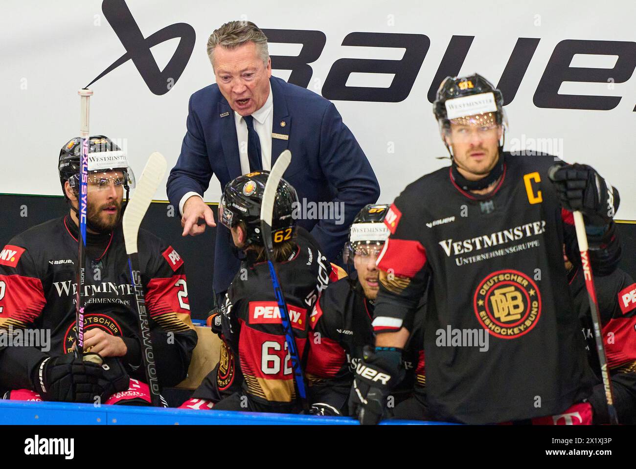 Harold Kreis DEB National coach of Germany, headcoach, team manager, Bundestrainer,  Matthias Plachta Nr.22 of Germany Moritz Mueller, Mueller Nr.91 of Germany in the match GERMANY - SLOVAKIA  Friendly match DEB ICE HOCKEY, World Championship 2024 preparation in Kaufbeuren Germany, Apr 18, 2024,  Season 2023/2024, Slowakei,  Photographer: ddp images / star-images Stock Photo