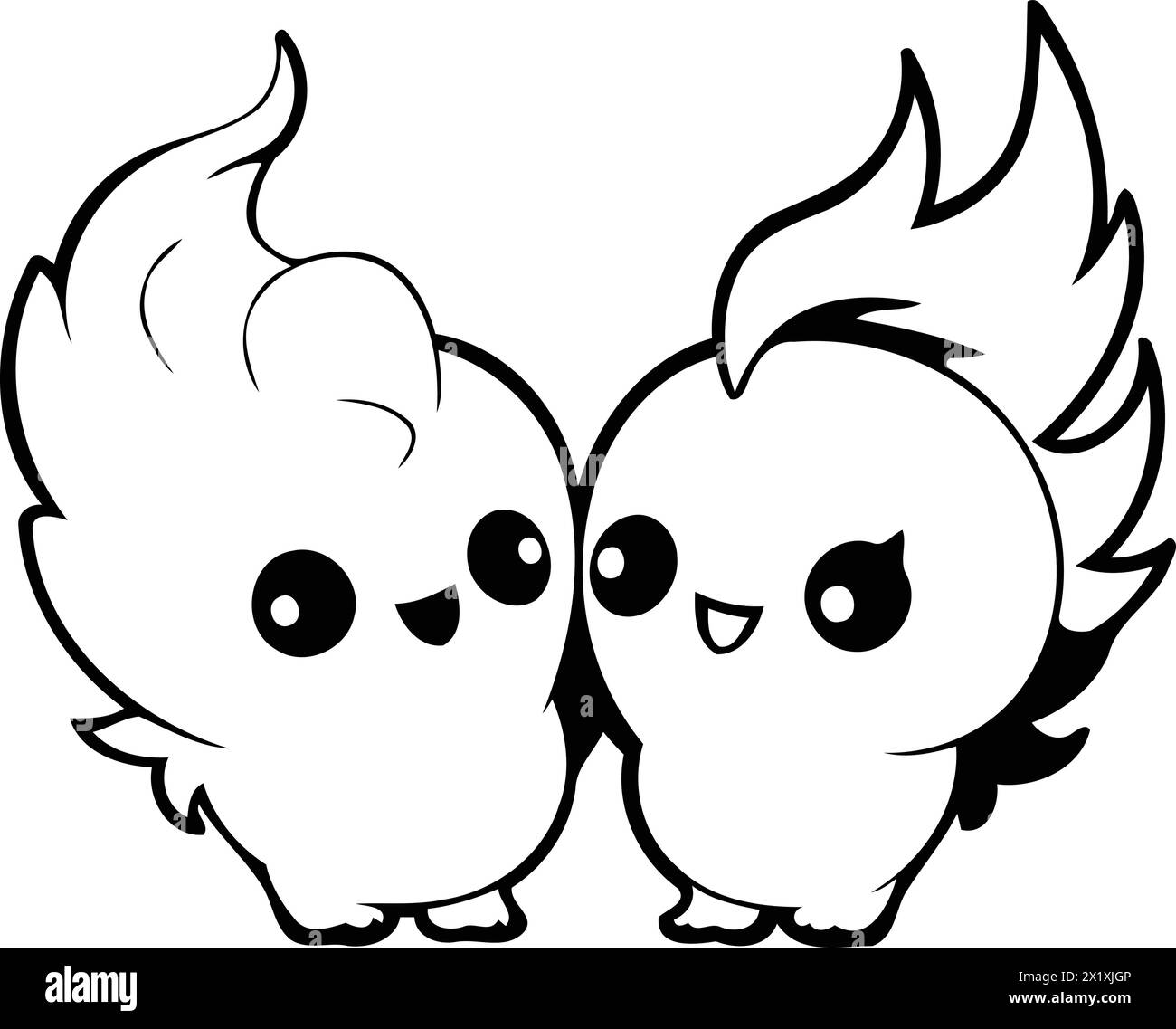 Cute cartoon kawaii couple of fire birds. Vector illustration. Stock Vector