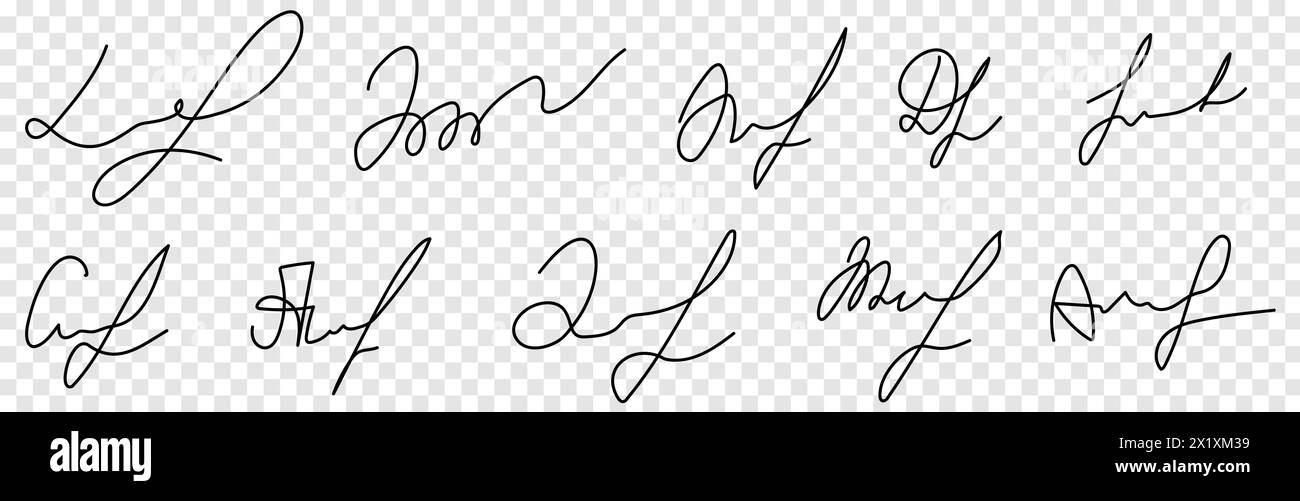 Set of fake hand written autograph. Different example signatures isolated on transparent background Stock Vector