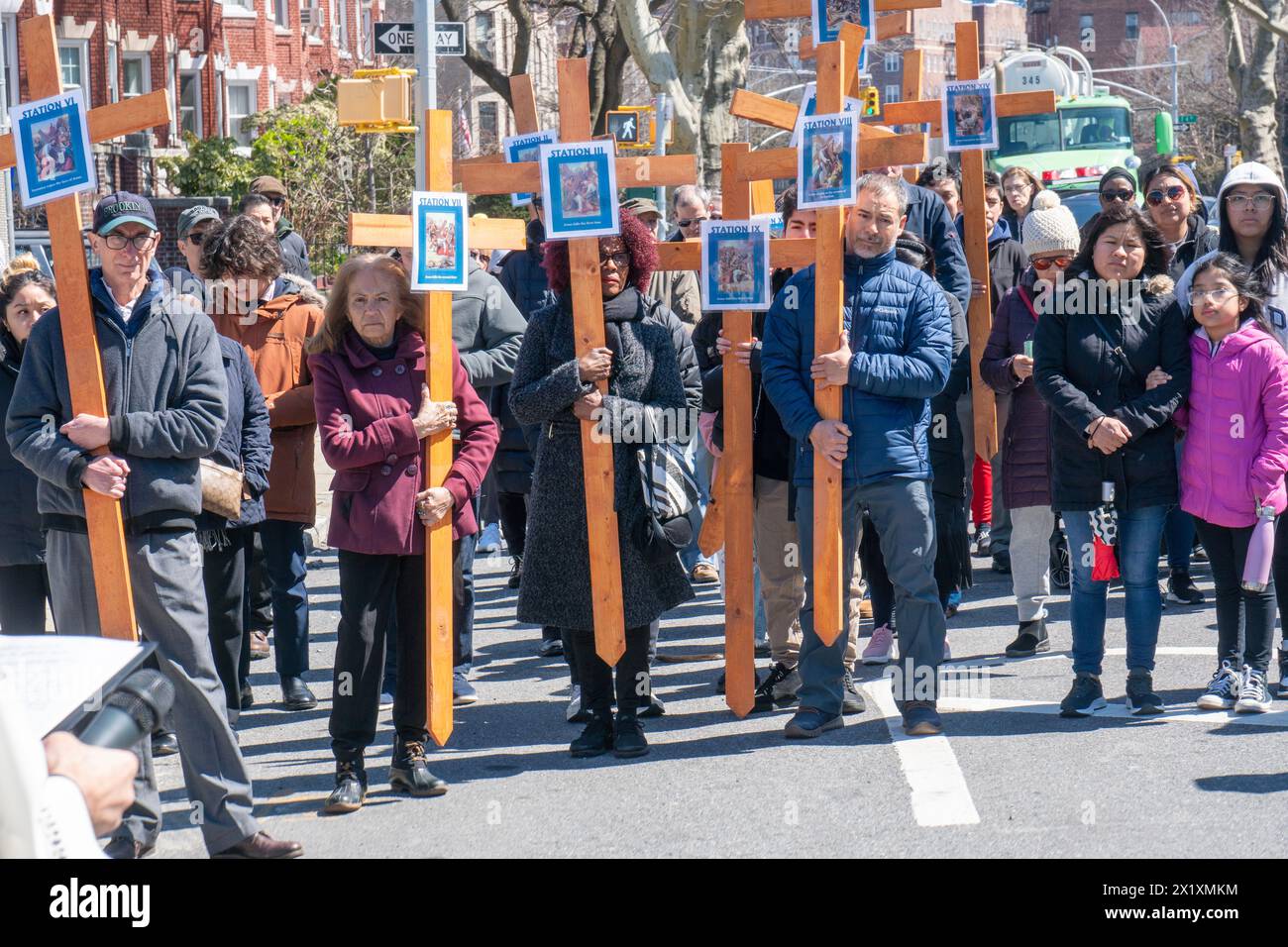 Good Friday 'Way of the Cross' procession from Imacculate Heart of Mary Catholic Church in the Windsor Terrace neighborhood of Brooklyn, New York. Stock Photo