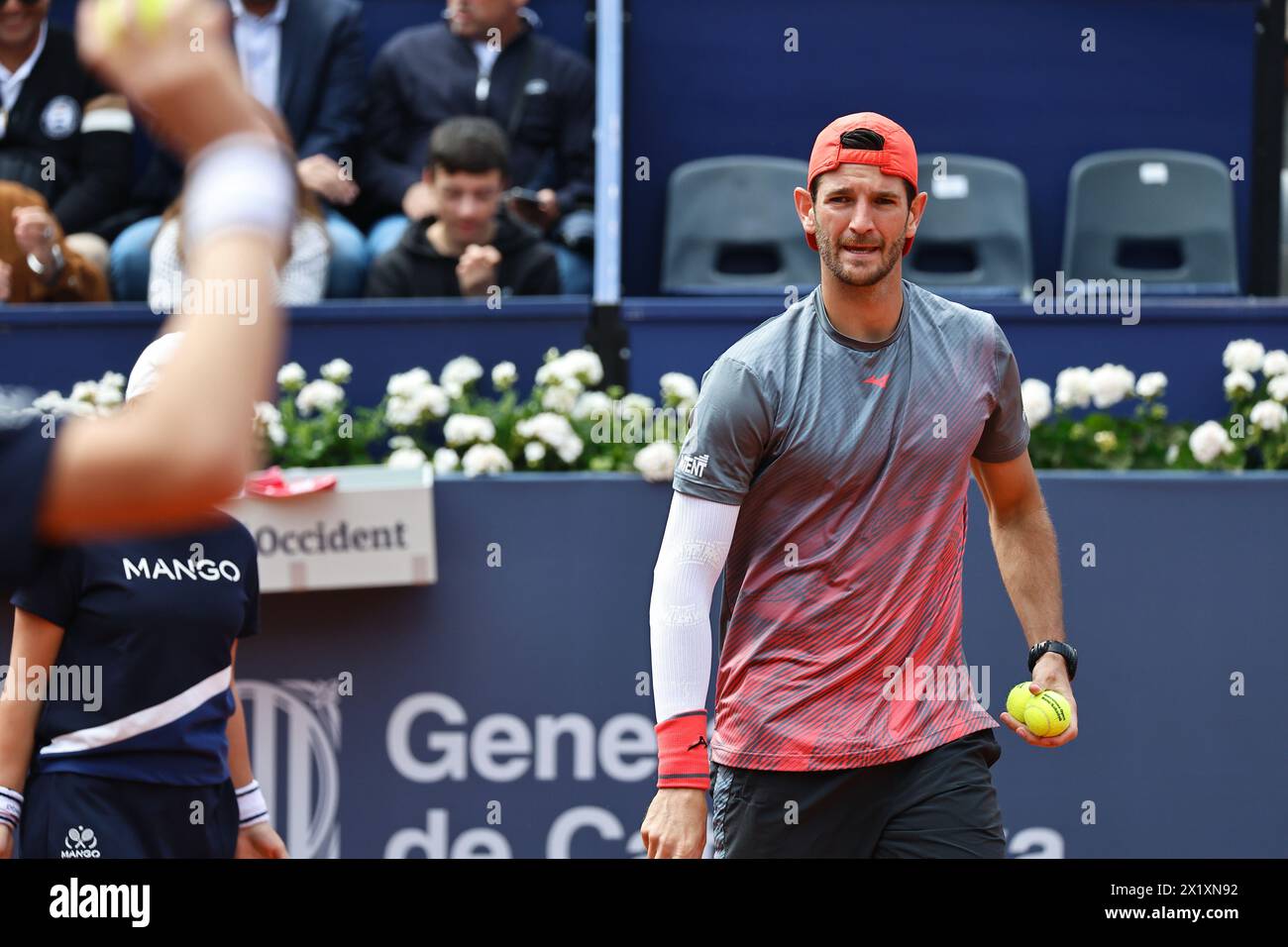 Andrea Vavassori (ITA), APRIL17, 2024 - Tennis : Andrea Vavassori during singles 2nd round match against Roberto Bautista Agut on the Barcelona Open Banc Sabadell tennis tournament at the Real Club de Tenis de Barcelona in Barcelona, Spain. Credit: Mutsu Kawamori/AFLO/Alamy Live News Stock Photo