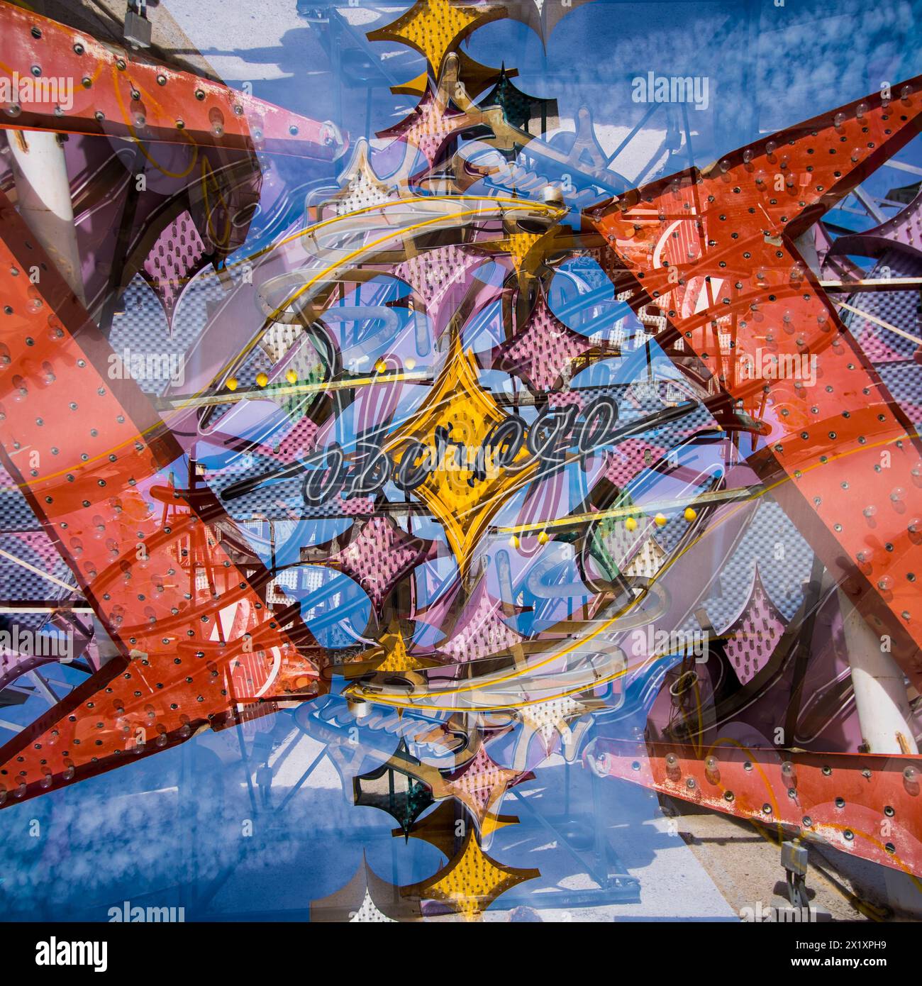 Double exposure of abandoned and discarded neon Stardust and Liberace autograph signs in the Neon Museum aka Neon boneyard in Las Vegas, Nevada. Stock Photo