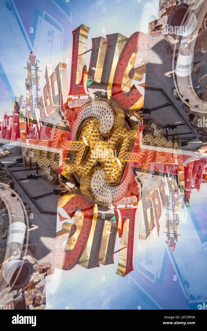 Double exposure of abandoned and discarded neon Lucky sign in the Neon Museum aka Neon boneyard in Las Vegas, Nevada. Stock Photo