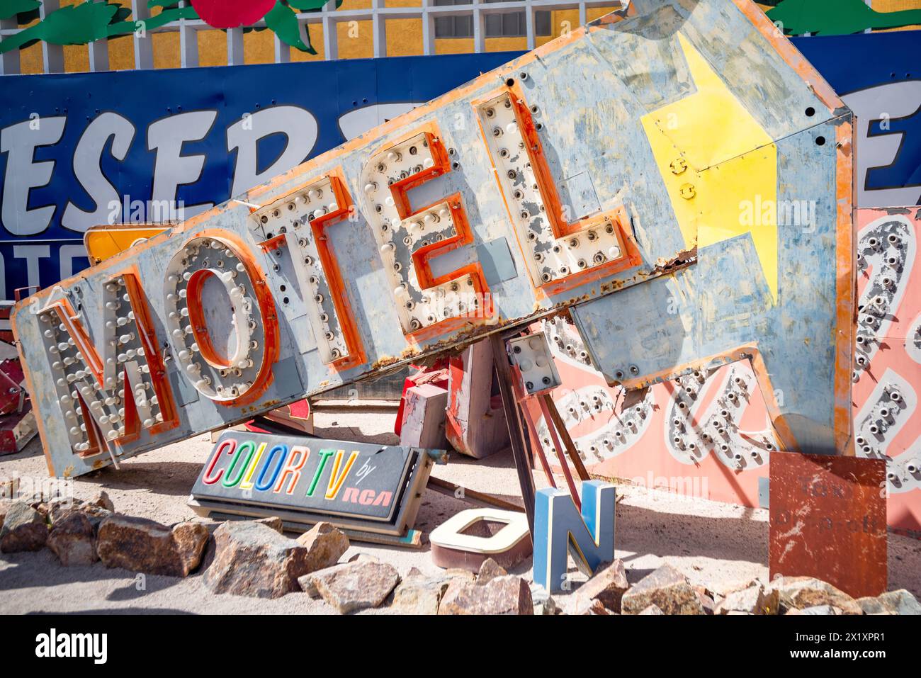 Abandoned and discarded motel sign in the Neon Museum aka Neon boneyard in Las Vegas, Nevada. Stock Photo