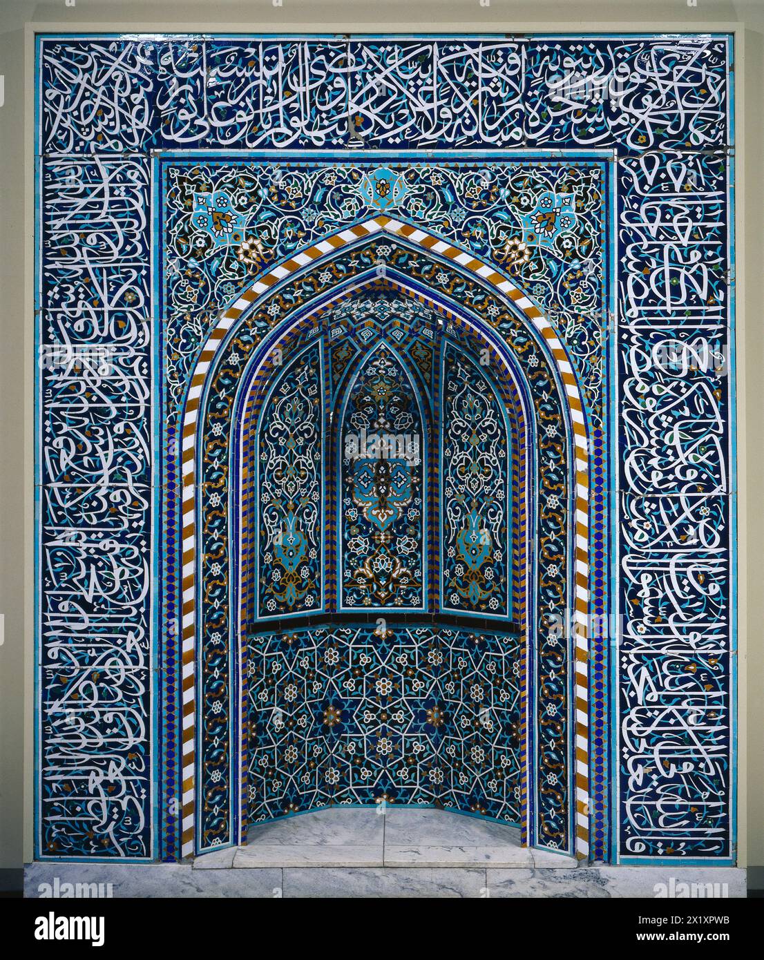 Prayer Niche (Mihrab) from Isfahan, Iran.  In the style of the Safavid period.  Ceramic mosaic.   Now held by the Cleveland Museum of Art. Stock Photo