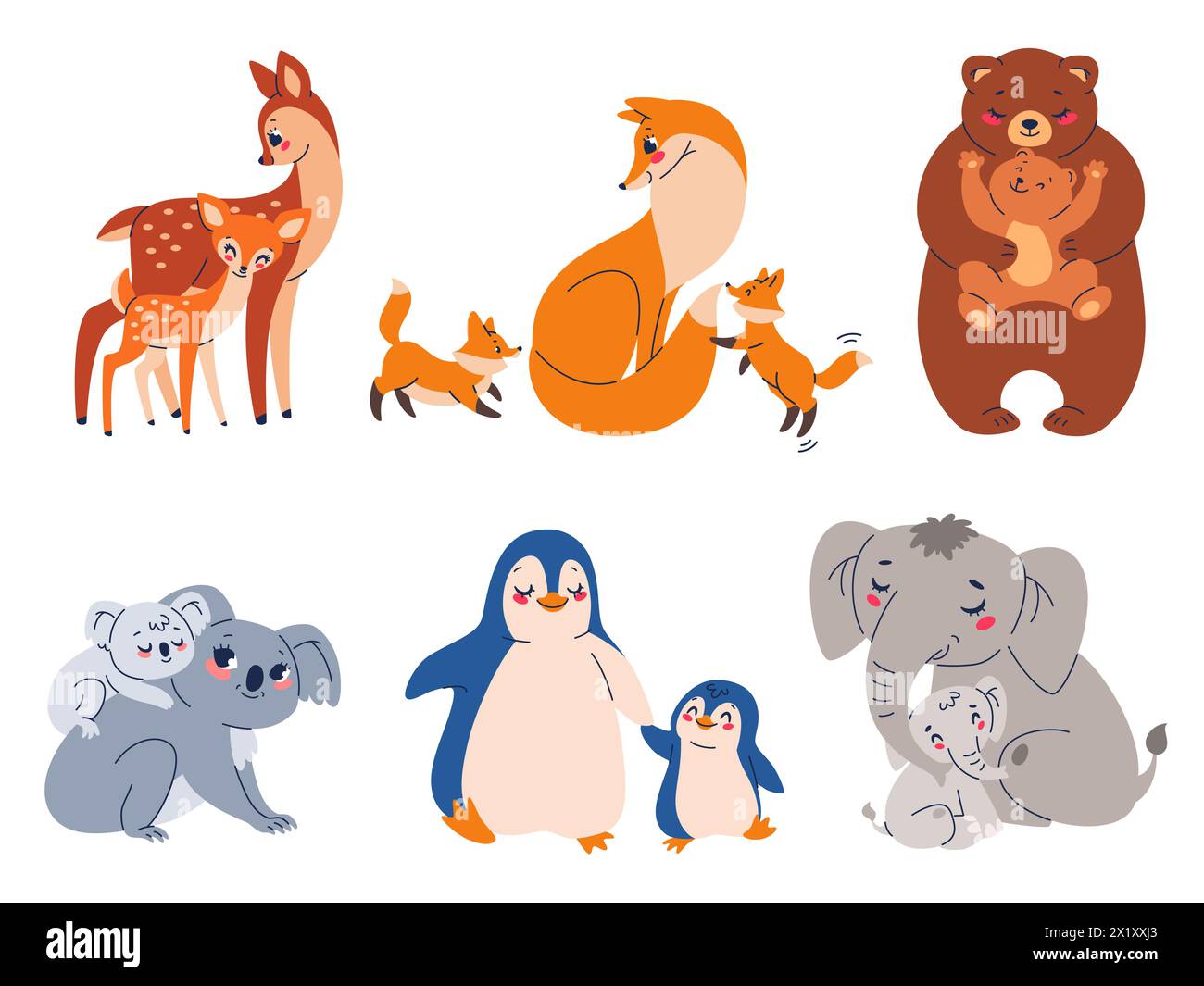 Cute animal moms and babies. Cartoon funny mothers and children, fauna ...