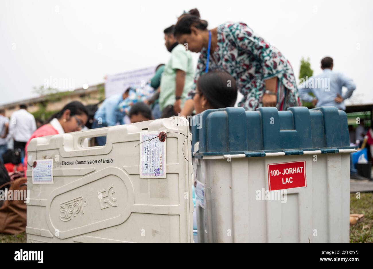 April 18, 2024: JORHAT, INDIA - APRIL 18: Election officials make preparations after collecting Electronic Voting Machines (EVMs) from a polling materials distribution centre on the eve of 1st phase of Lok Sabha Election on April 18, 2024 in Jorhat, Assam, India. Nearly a billion Indians will vote to elect a new government in six-week-long parliamentary polls starting on April 19. (Credit Image: © David Talukdar/ZUMA Press Wire) EDITORIAL USAGE ONLY! Not for Commercial USAGE! Stock Photo