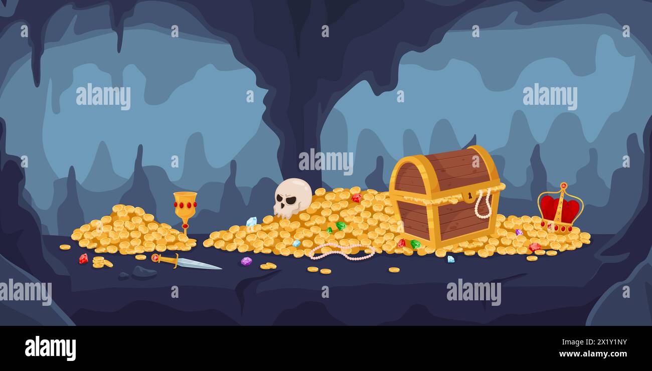 Cartoon cave with fabulous treasures. Wooden chest full of gold coins and gemstones. Jewelry cups and crowns. Human skull. Stone grotto. Golden wealth Stock Vector