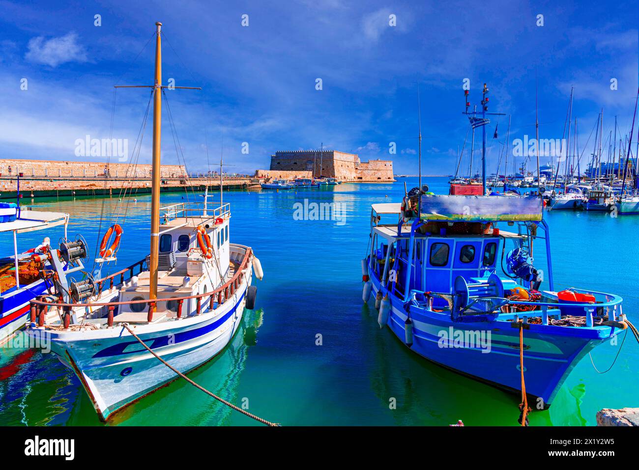 Heraklion, Crete island, Greece: Panoramic view of The Koules or Castello a Mare, a fortress at the entrance of the old port of Heraklion city Stock Photo
