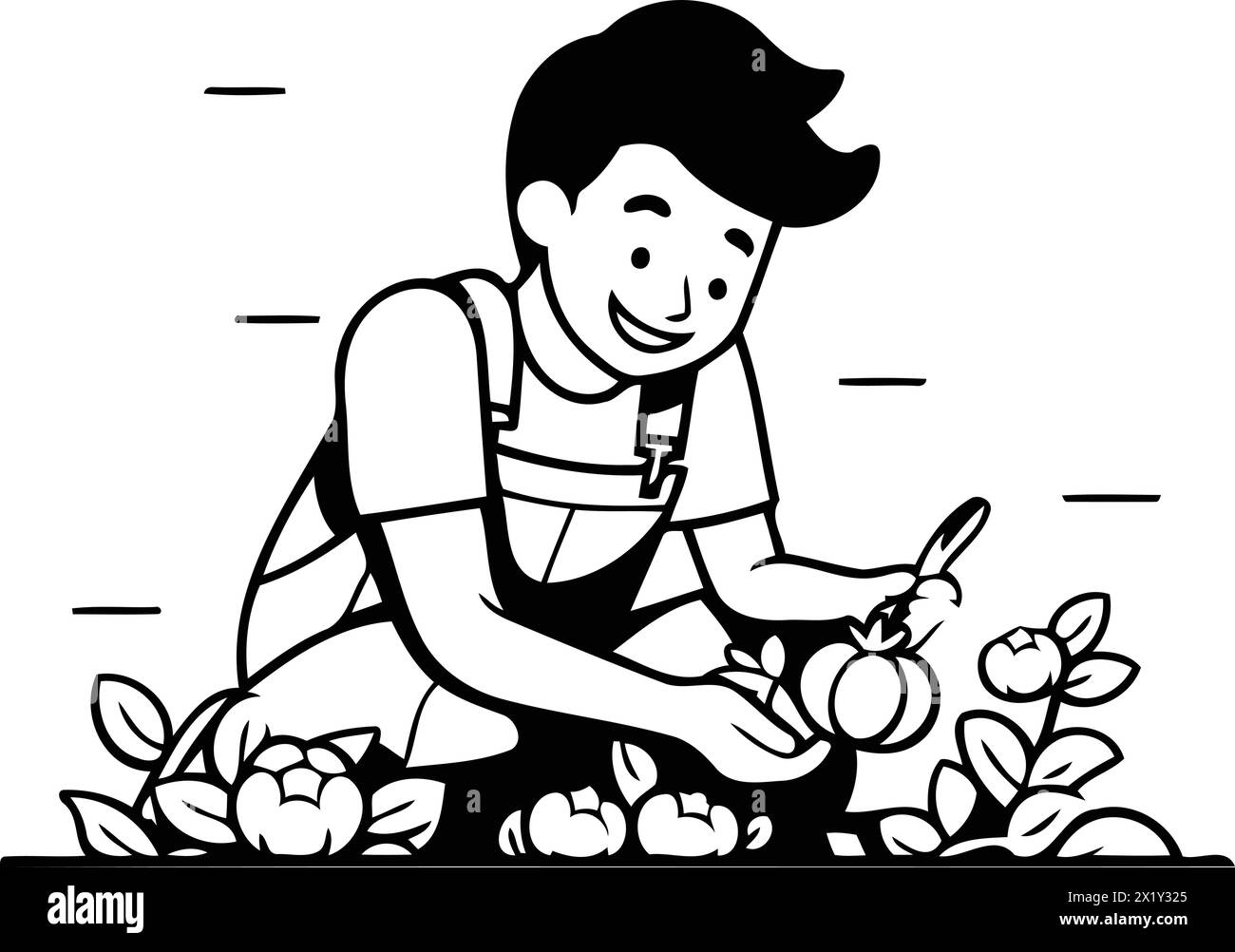 Farmer harvesting apples in the garden. Vector illustration in cartoon style Stock Vector