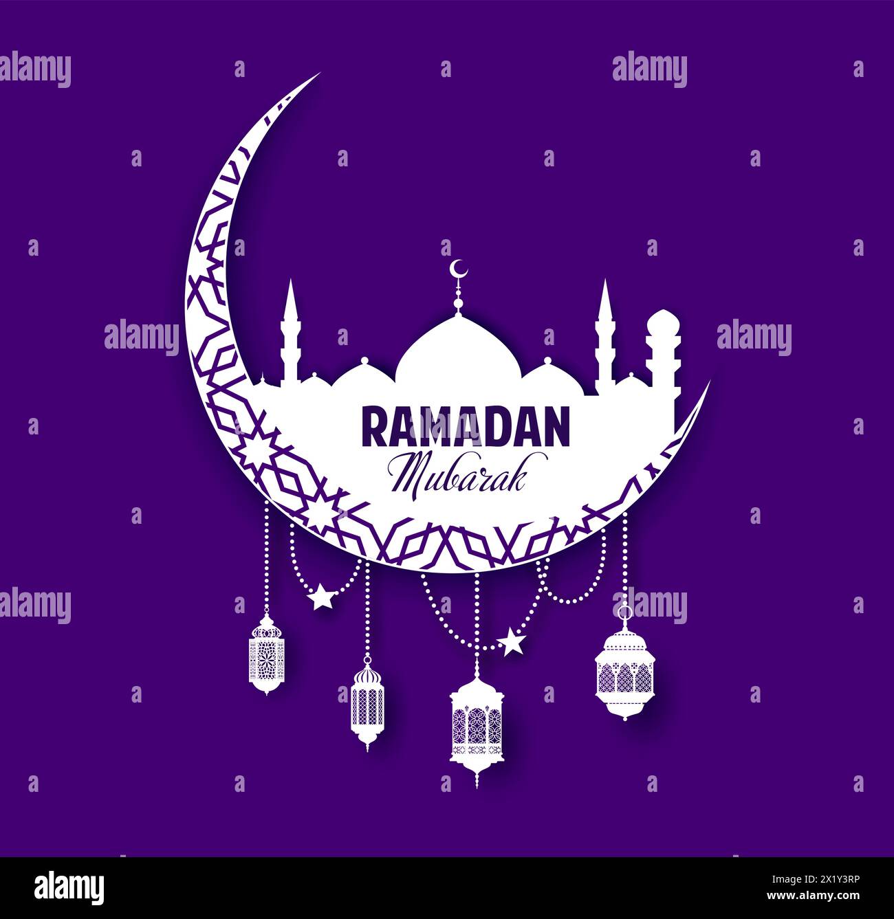 Ramadan Kareem crescent moon with arabian lanterns and mosque minarets ...