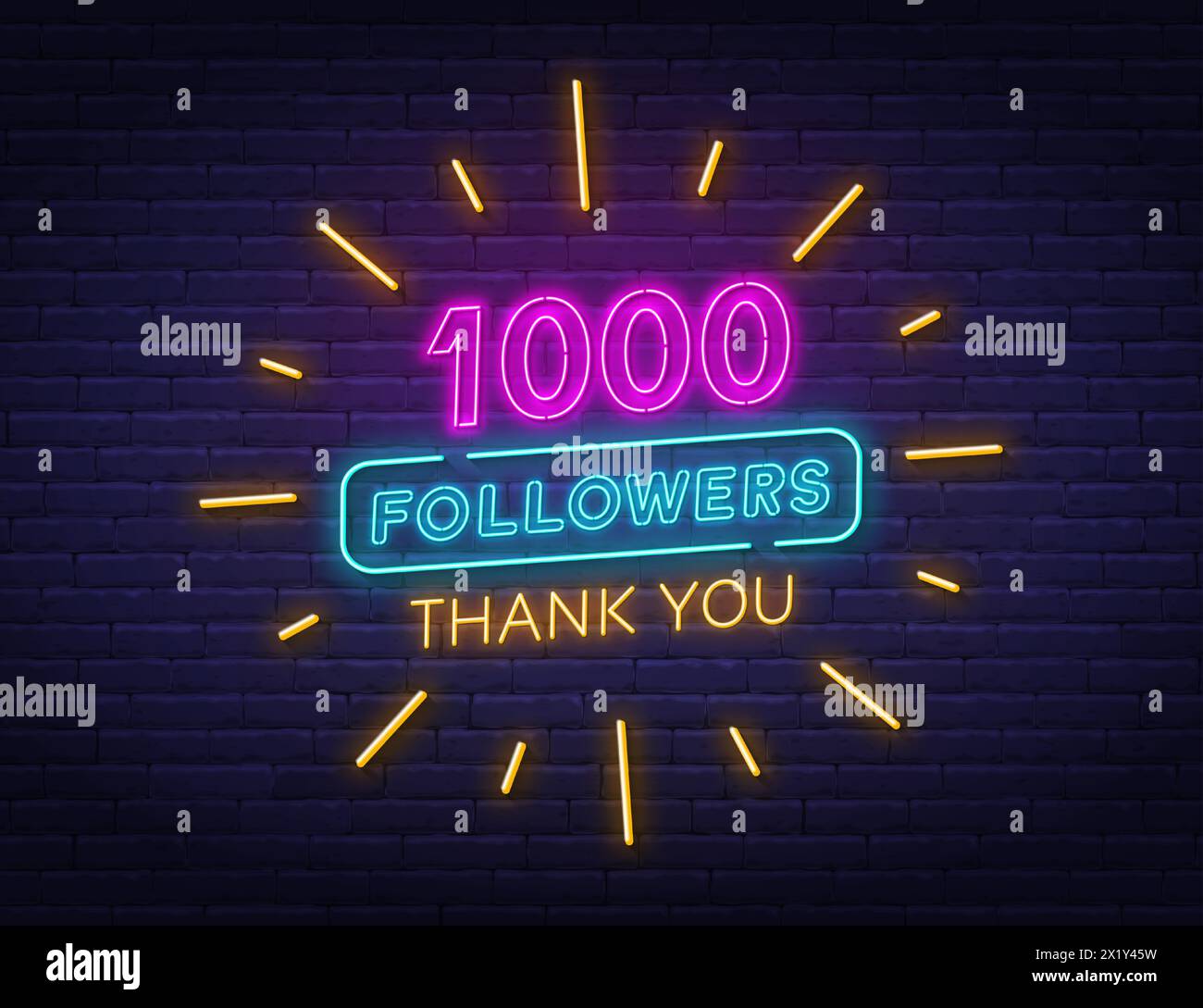 Neon message Thank You 1000 Followers on brick wall background. Stock Vector
